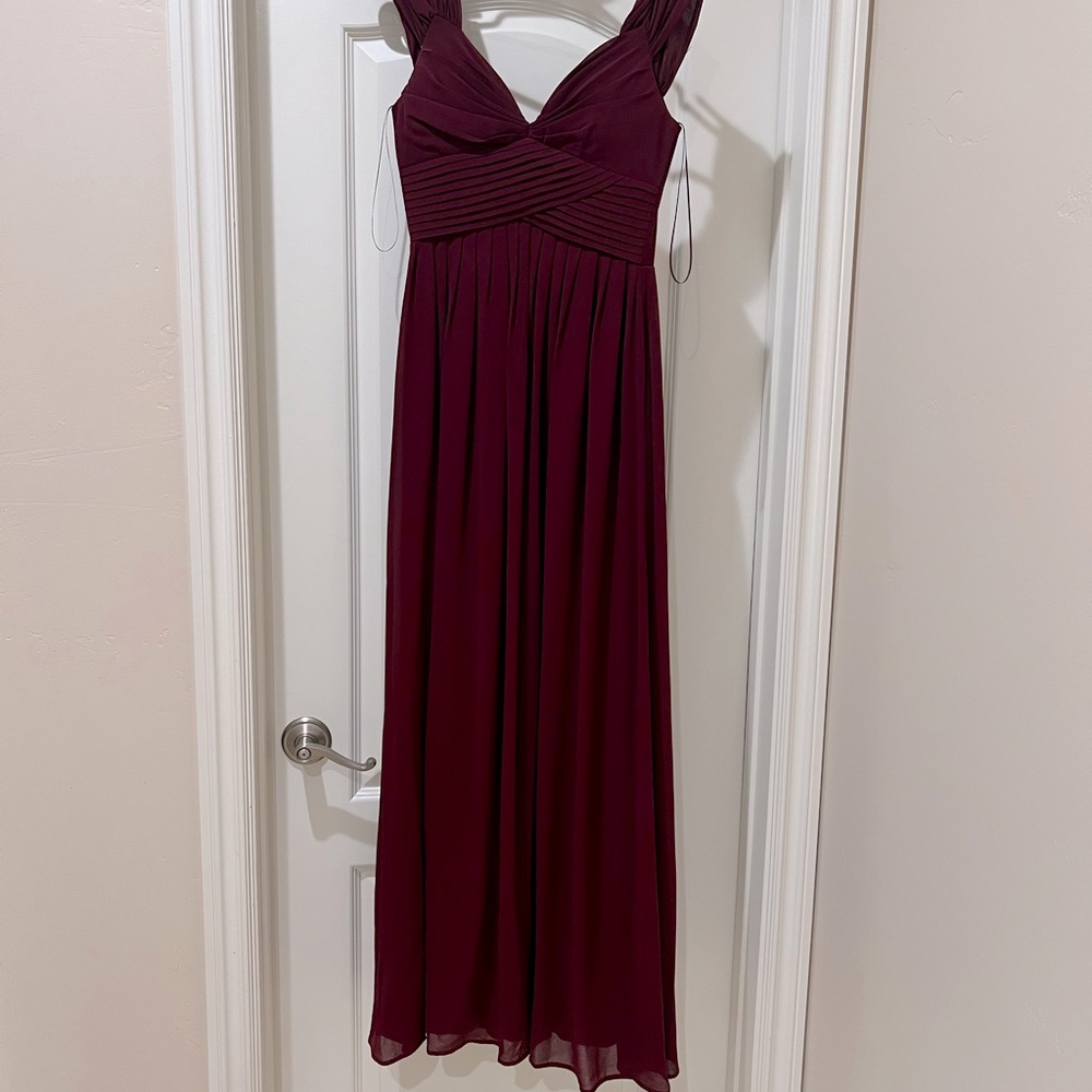 LULUS BURGUNDY LONG CHIFFON DRESS WITH OFF THE SHOULDER STRAP